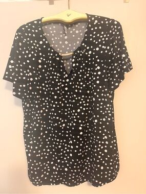 RNB Black & White Polka Dot V-Neck Plus Size Blouse with Jewel Accent